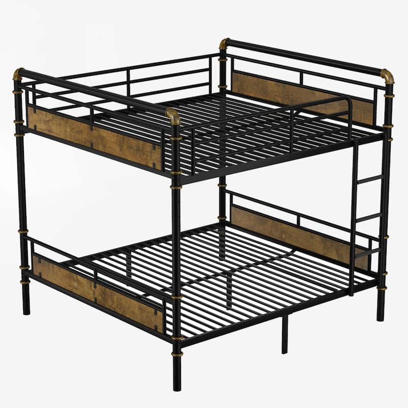 Queen Over Queen Size Metal Bunk Bed with Detachable Design, Safety Guard Rails and Storage Space