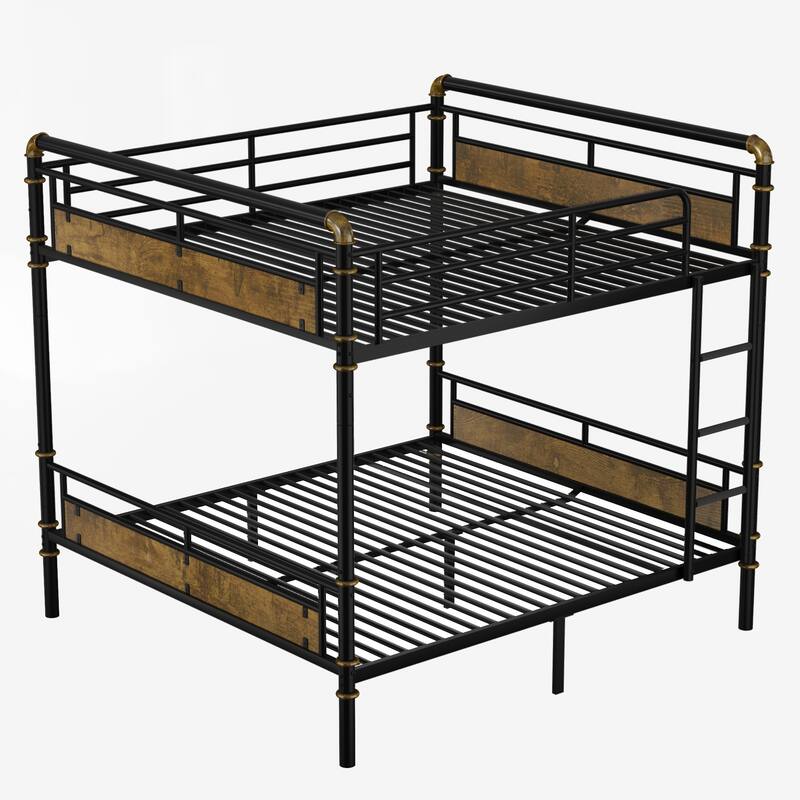 Queen over Queen Metal Bunk Bed, Industrial Detachable Bunkbeds with Safety Guard Rails for Teens, Black