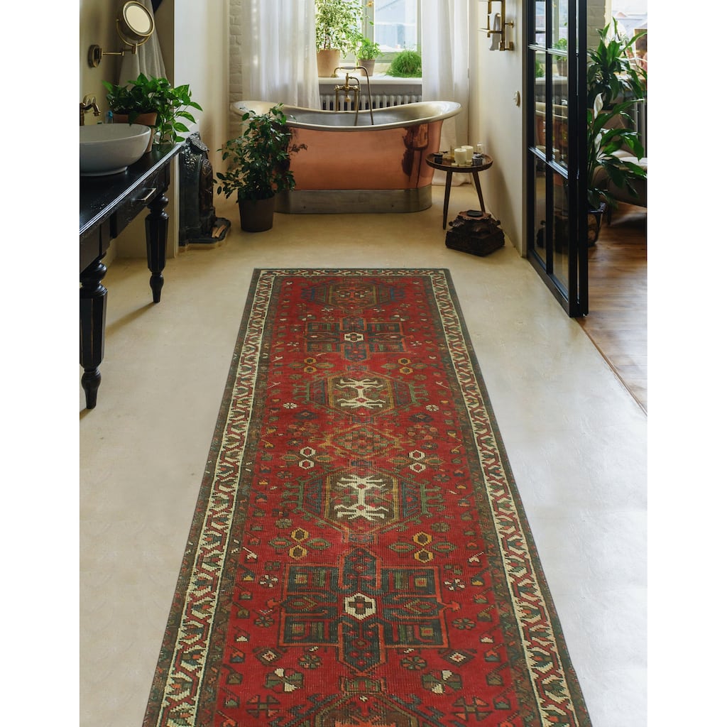 Fine Vintage Distressed Perkin Red/Ivory Runner - 3'1" x 10'6"