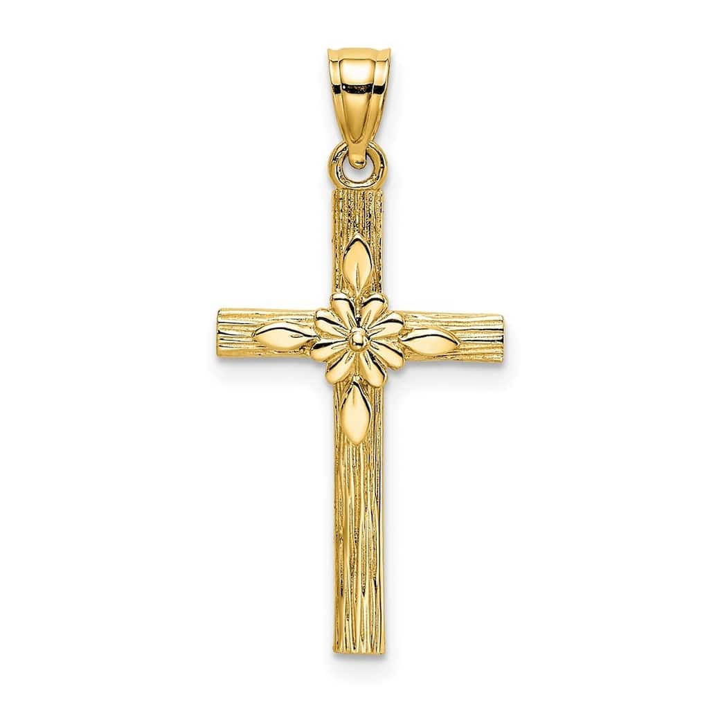 Curata 14k Yellow Gold 18" Textured Cross With Flower Center Pendant Necklace - 14mmx22.5mm