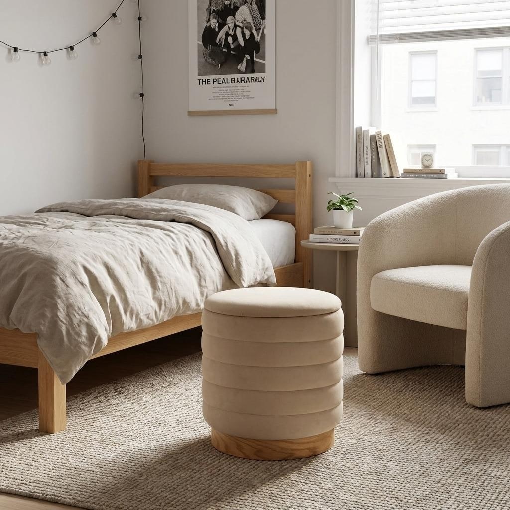 HomeRoots 16" Beige And Natural Velvet Tufted Cylinder Ottoman With Storage