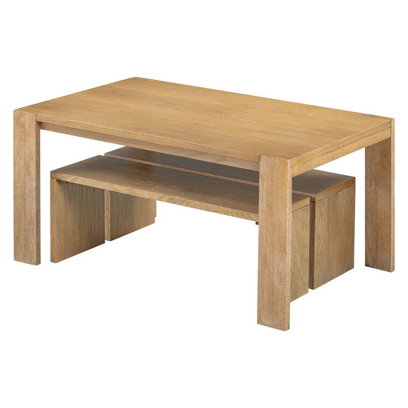 3-piece Farmhouse Style Simple Dining Set, Dining Table and 2 Benches, for Dining Room, Kitchen and Living Room (Natural