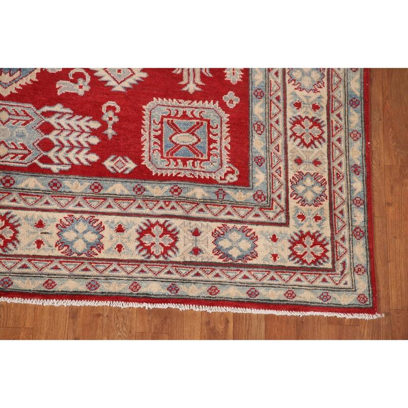Red Geometric Kazak Living Room Area Rug Hand-Knotted Wool Carpet - 6'7" x 10'1"