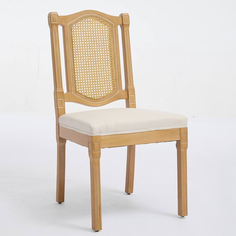 Solid Wood Dining Chair with Rattan Back and Cushioned Seat