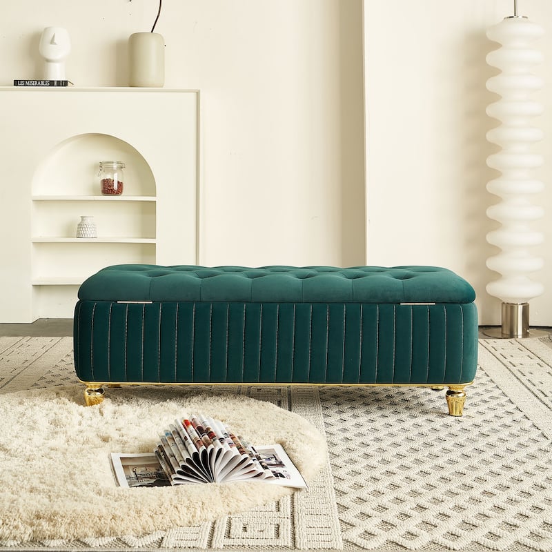Velvet Fabric Storage Ottoman, Upholstered Button Tufted Storage Bench, End of Bed Bench with Safety Hinge & Metal Legs