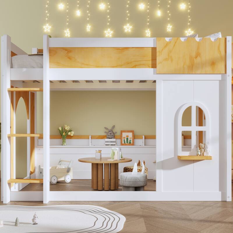 GDFStudio - Wood Bunk Bed with Storage Shelves, Window and Dual Doors