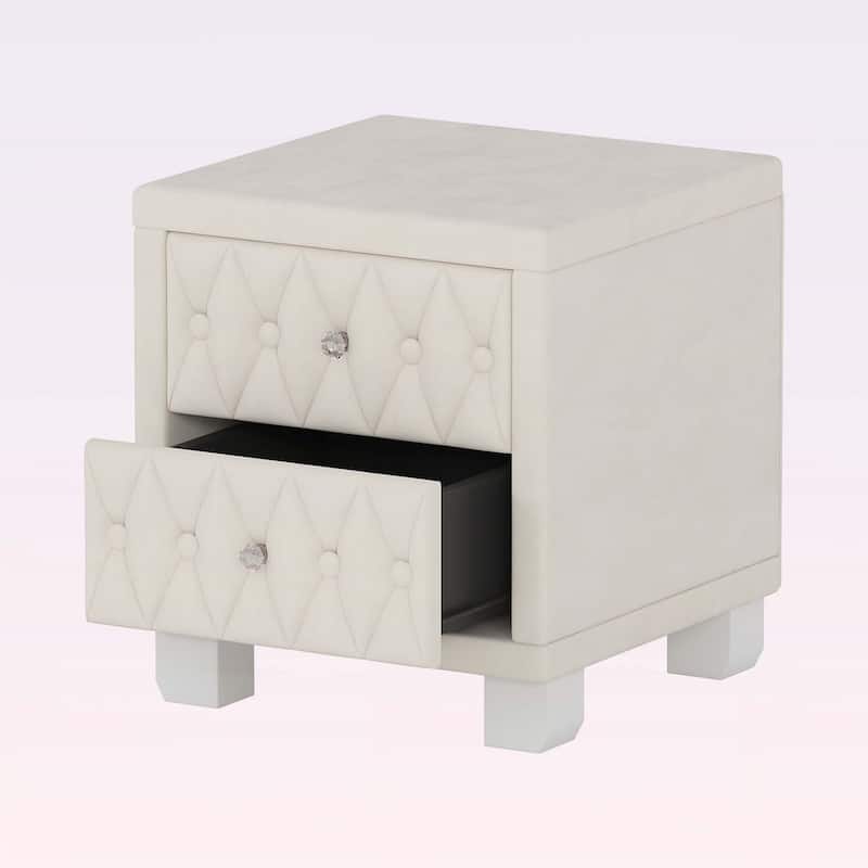 Nightstand with 2 Drawers,Crystal Handles,and Button-Tufted Design,for Bedroom Decor