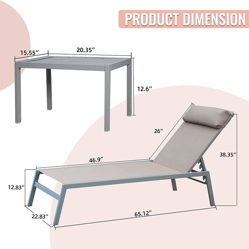 GDFStudio - Logan 3-Piece Outdoor Chaise Lounge Set with Adjustable Recliners and Steel Side Table