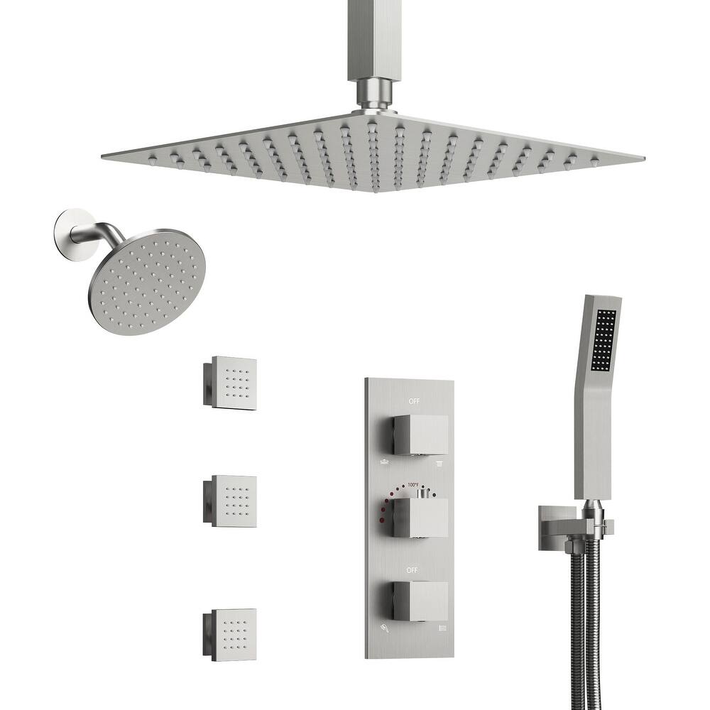 Thermostatic Dual Heads 12" Multi-Function Shower System with 3 Body Sprays