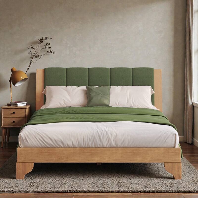 Premium Pine Wood Queen/King Bed Frame with Headboard, Mid Century Modern Platform Bed, Sturdy MDF Construction