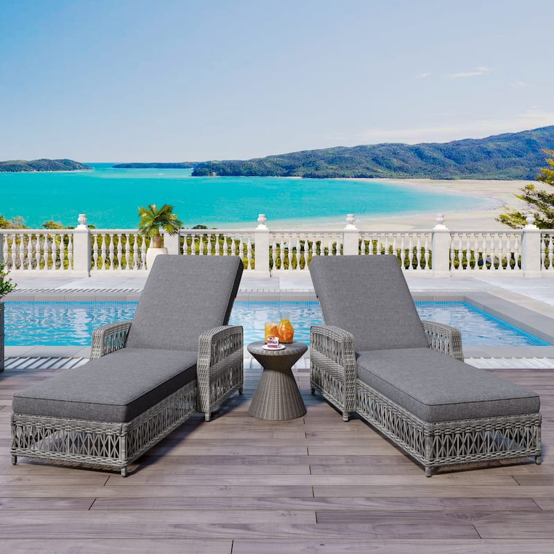 2 Pieces Long Reclining Chaise, Outdoor Wicker Lounge with Armrests, Patio Adjustable Recliner - Grey