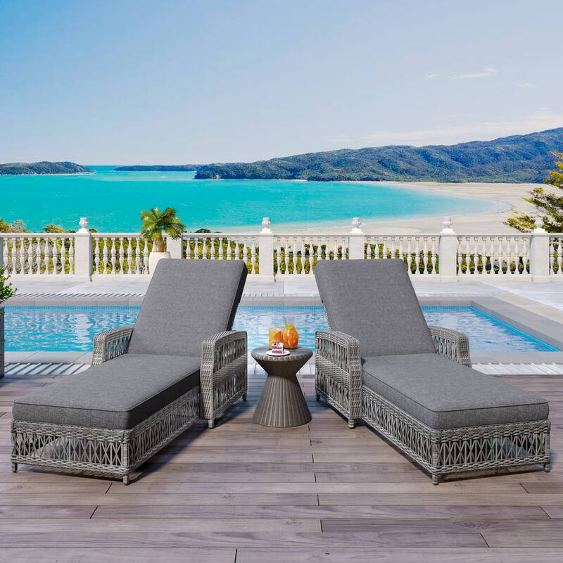 All Weather Rattan Pool Adjustable Wicker Lounge with Armrests & Soft Removable Cushions - Grey+Grey-Set of 2