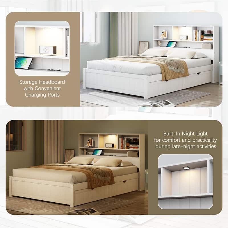 Wooden Platform Bed with Bookcase Headboard and 2 Side Drawers