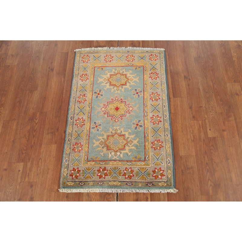 Light Blue Kazak Accent Rug Hand-Knotted Geometric Wool Carpet - 2'1"x 2'10"