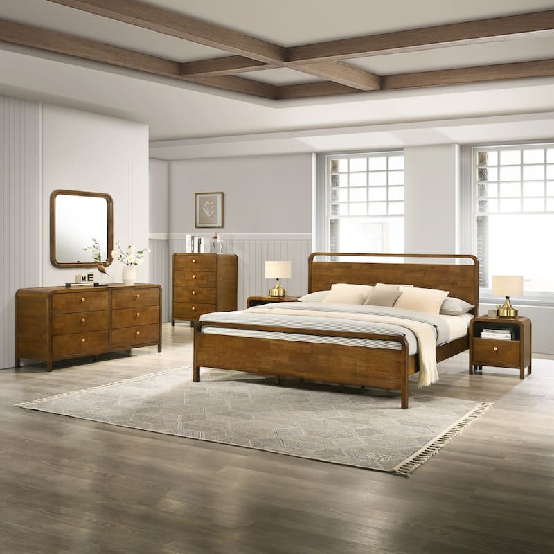 Roundhill Furniture Eldren Wood Bedroom Set, Platform Bed with Dresser, Mirror, Two Nightstands, Chest in Walnut Finish