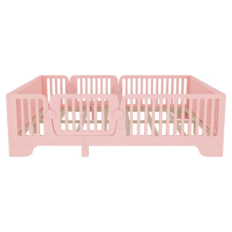 Full/Twin Montessori Floor Bed with Slats, Fence and Door, No Box Spring Needed