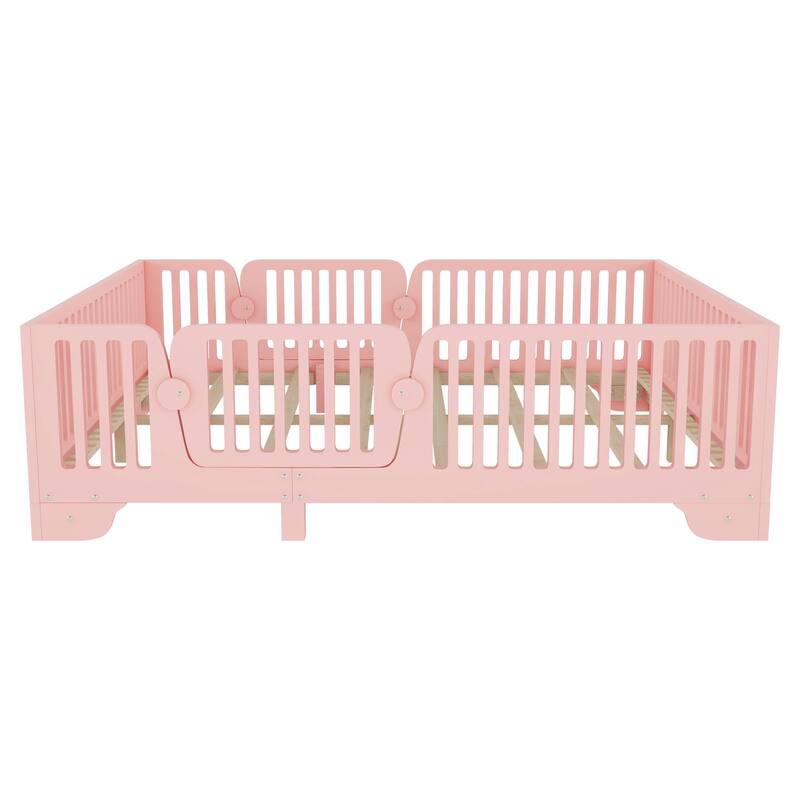 Montessori Floor Bed with Detachable Door, No Box Spring Needed, Kids Platform Bed with Slats and Fence