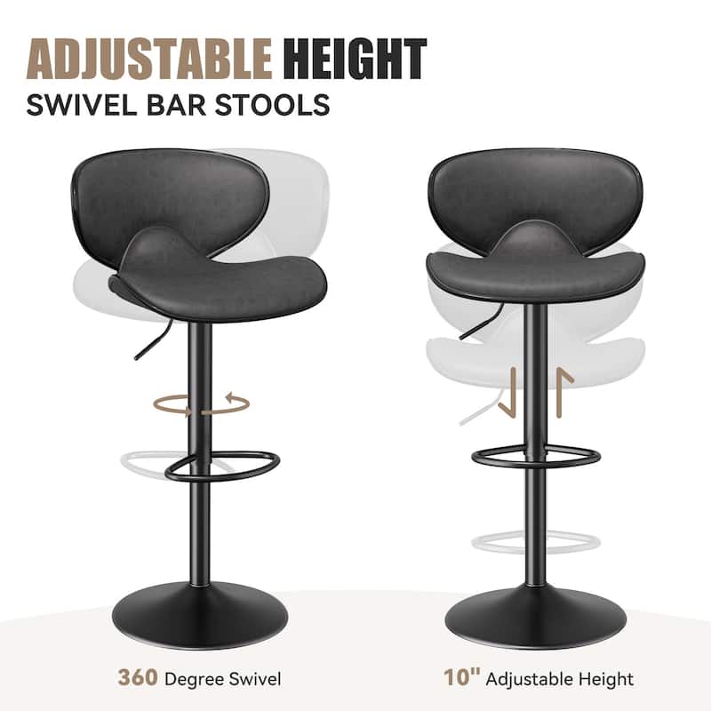 Bar Stools Set of 2, Faux Leather Bar Stools with Back, Chic Swivel Counter Stools with Footrest, Adjustable Kitchen Stools