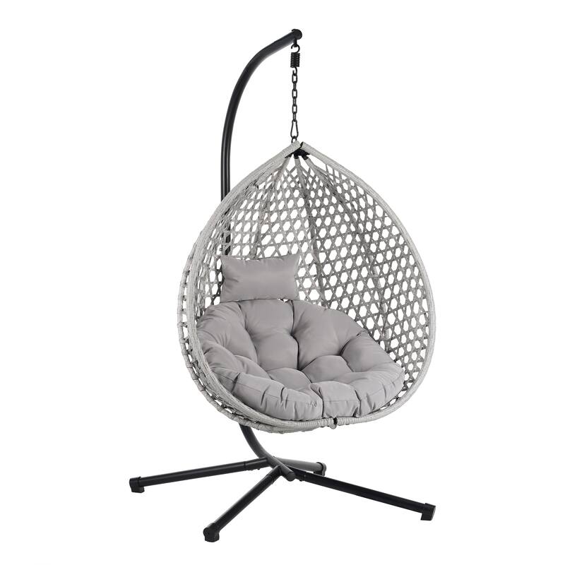 Hollowed-Out Hanging Chair with Adjustable Headrest, Weather-Resistant Rattan Swing Chair with Iron Base
