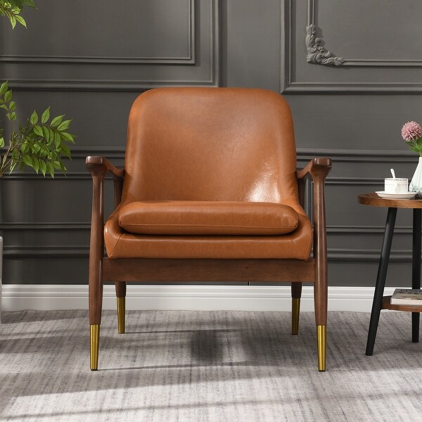 Brown Mid Century PU Leather Accent Chair Armchair with Brass Tipped Legs On Sale Bed Bath Beyond 42101050