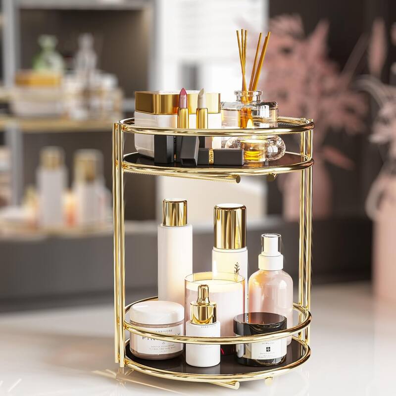 Gold 2-Tier Makeup Organizer - Metal Cosmetic Storage Display