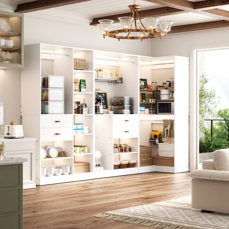 Navada 79'' - 110'' Freestanding Corner Closet System, Reversible Closet Organizer with Drawers and Hanging Rods