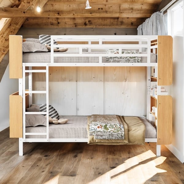 slide 2 of 32, 2 In 1 Metal Full over Full Bunk Bed with Storage Bookcase,Ladder and Guardrail White
