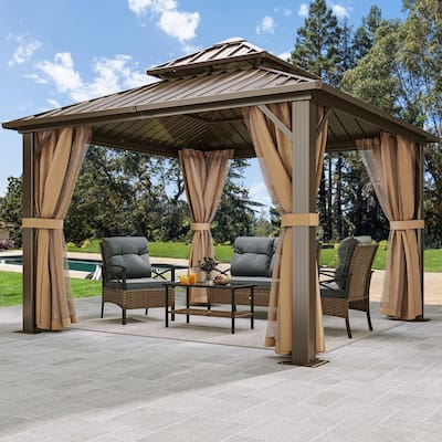 Outdoor Aluminum Frame 2-Tier Hardtop Gazebo with Nettings and Curtains
