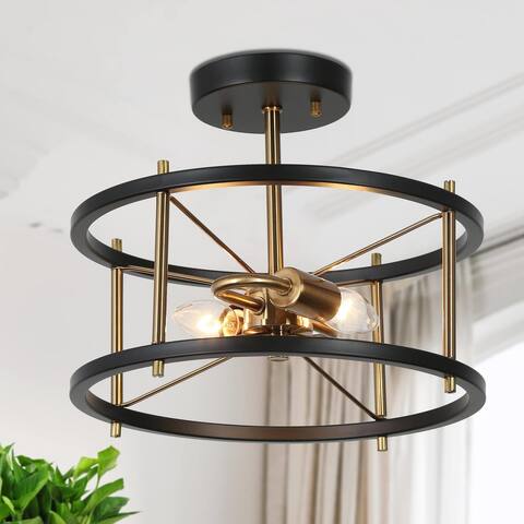 Modern 2-Light Black Gold Metal Drum Semi Flush Mount Ceiling Lights - 12" D x 10" H