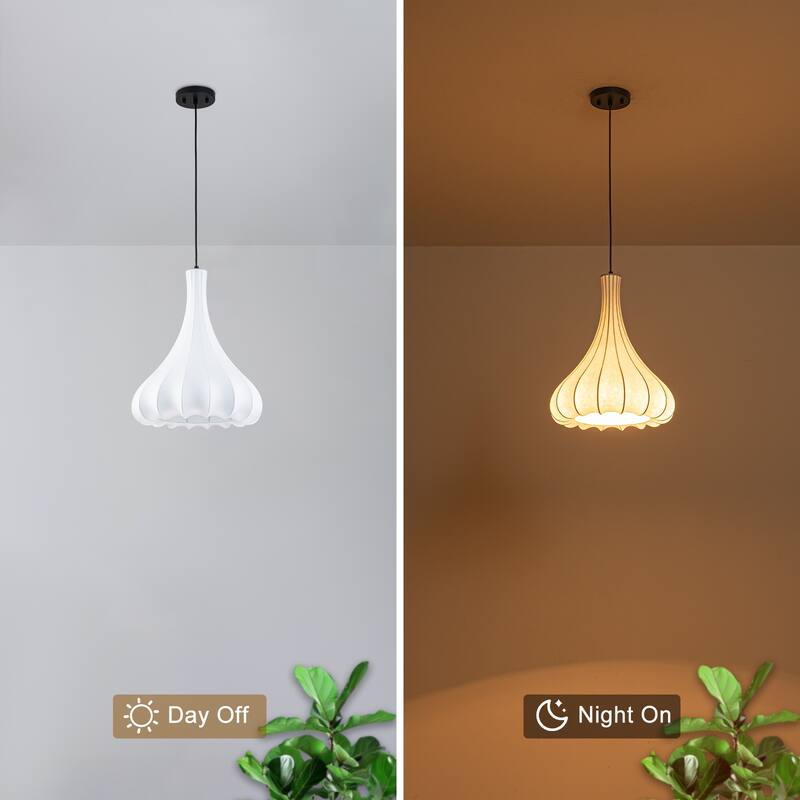 White Fluted Bell Fabric Pendant Light for Bedroom & Living Room - Dia.13.78-in