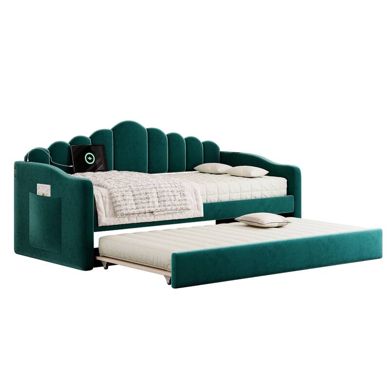Twin size Upholstered Daybed with Trundle ,Velvet Sofabed with USB Charging Ports,No Box-spring Needed