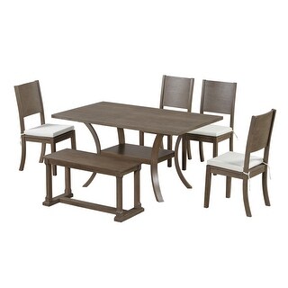 6-Piece Wood Dining Table Set with Storage Shelf and Curved Legs - Bed ...