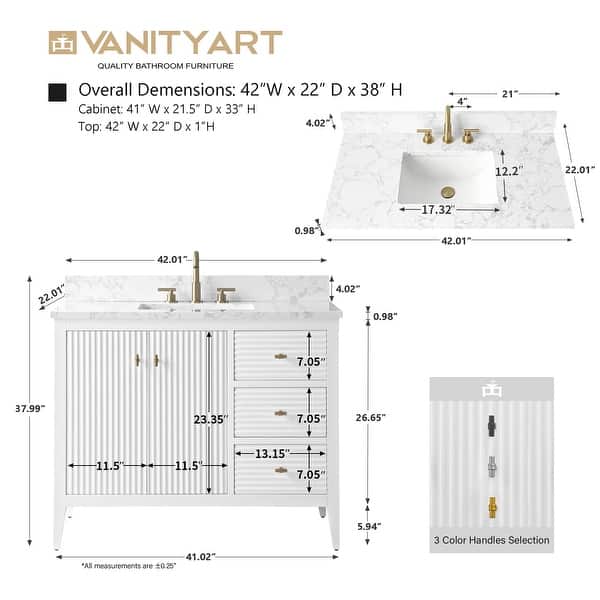 dimension image slide 16 of 21, Vanity Art 42" Single Sink Bathroom Vanity Cabinet with Engineered Marble Countertop