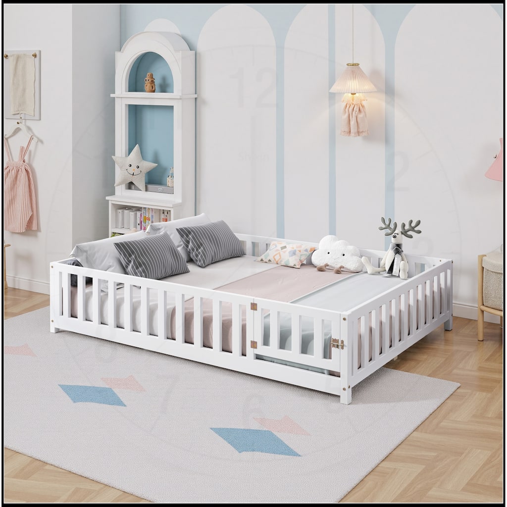 Full Size Floor Platform Bed with Fence and Door