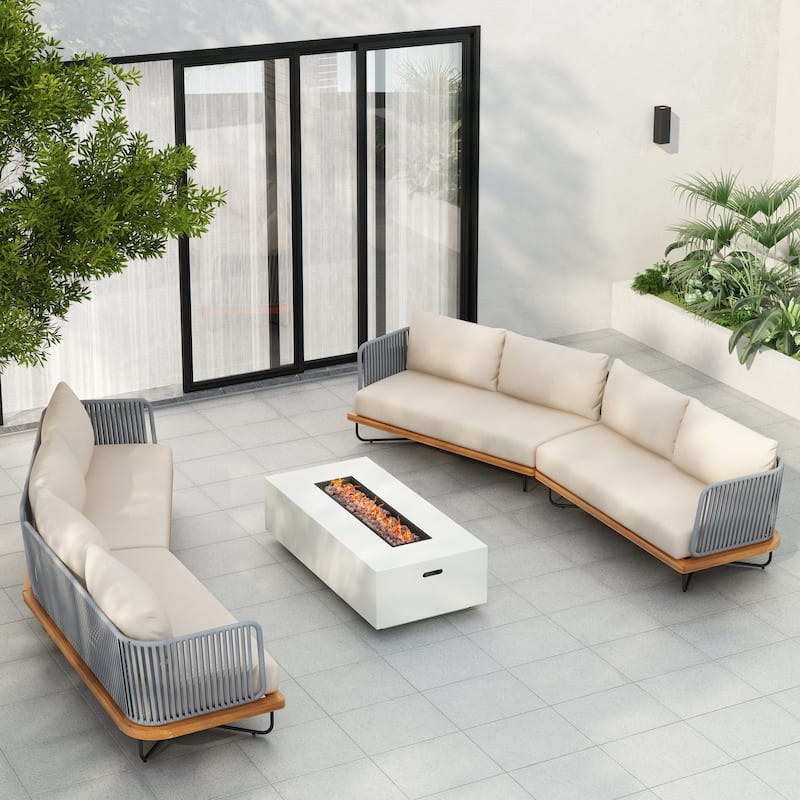 Christopher Knight Home - Evelyn Parker Elegant Lucca Outdoor Acacia Wood Sofa Set - 4pc sofa set - Teak Finish+Beige Cushion+light grey rope