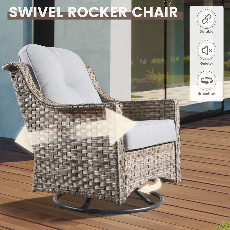OVIOS 6 Pieces Outdoor Wicker Swivel Chair Set With Solar-Powered Coffee Table