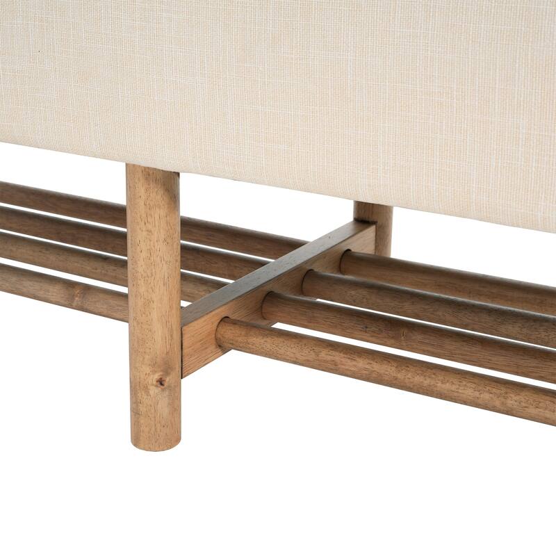 Rectangular Upholstered Ottoman Bench with Linen Fabric and Solid Wood Legs