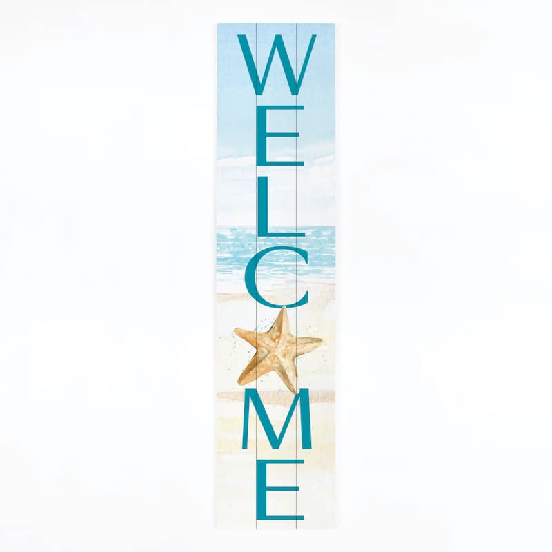 HomeRoots 11" X 47" Blue and White Coastal Welcome Solid Wood Wall Decor