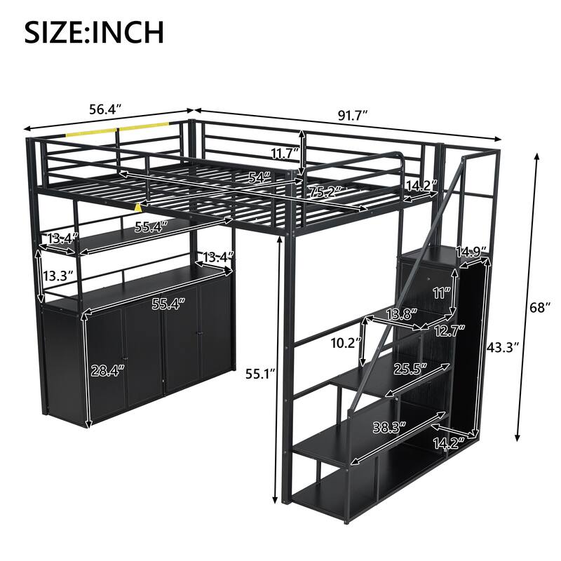 Full Loft Bed with Built-in Wardrobe, Storage Staircase & Shelves, Metal Frame