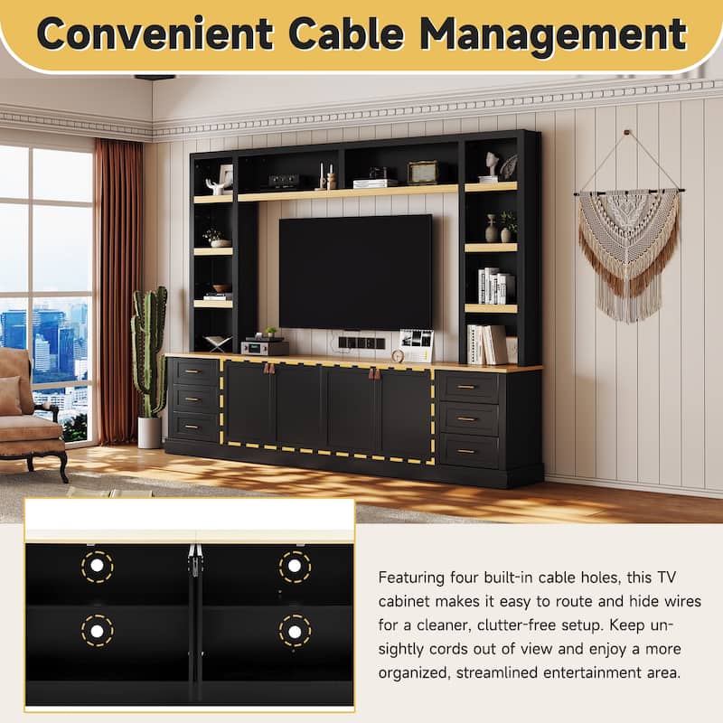 Entertainment Center Wall Unit with Bookshelves - Black