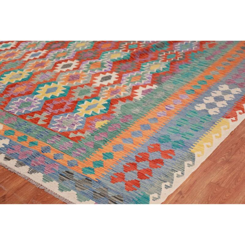 Geometric Kilim Oriental Large Rug Hand-Woven Bedroom Wool Carpet - 10'3"x 16'2"