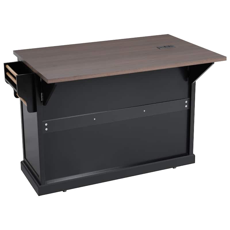 54.9"Kitchen Island with Drop Leaf, 4 Door Shelves, Cross Barn Doors & Visual Glass Door, Rolling Kitchen Island on 4 Wheels