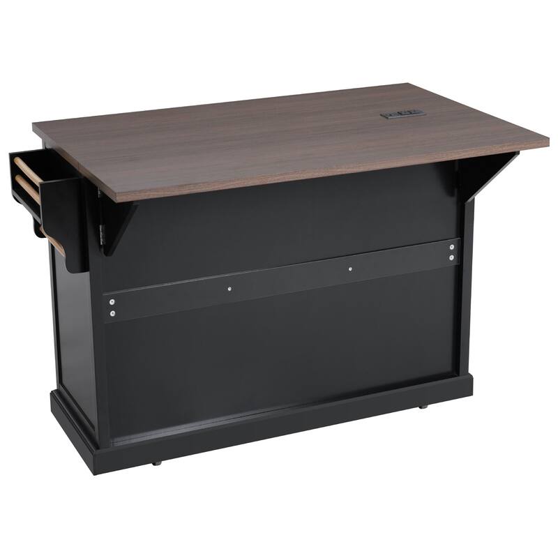 Cross Barn Door Kitchen Island, Rolling Wheels Pantry Storage Cart with Drop Leaf, Power Outlet and Glass Door for Dining Room