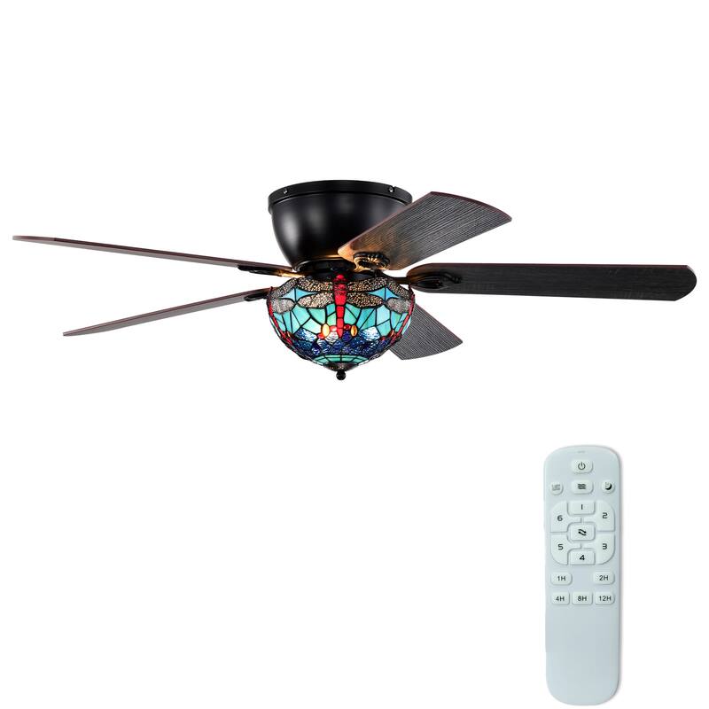Pluvey 52-Inch Flushmount Lighted Ceiling Fan Blue Red Draginfly Tiffany Glass Lamp Black Finish