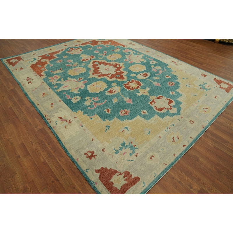 Vegetable Dye Wool Oushak Turkish Area Rug, Floral Geometric Carpet - 10' 11'' X 8' 5''