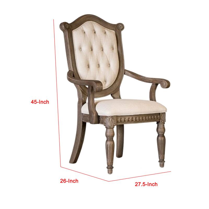 Hama Dining Armchair Set of 2, Weathered Oak Wood, Tufted Beige Fabric