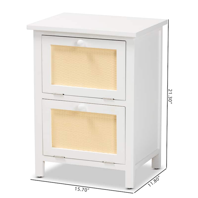 Baxton Studio Sariah Mid-Century Modern White Finished Wood and Rattan 2-Door End Table
