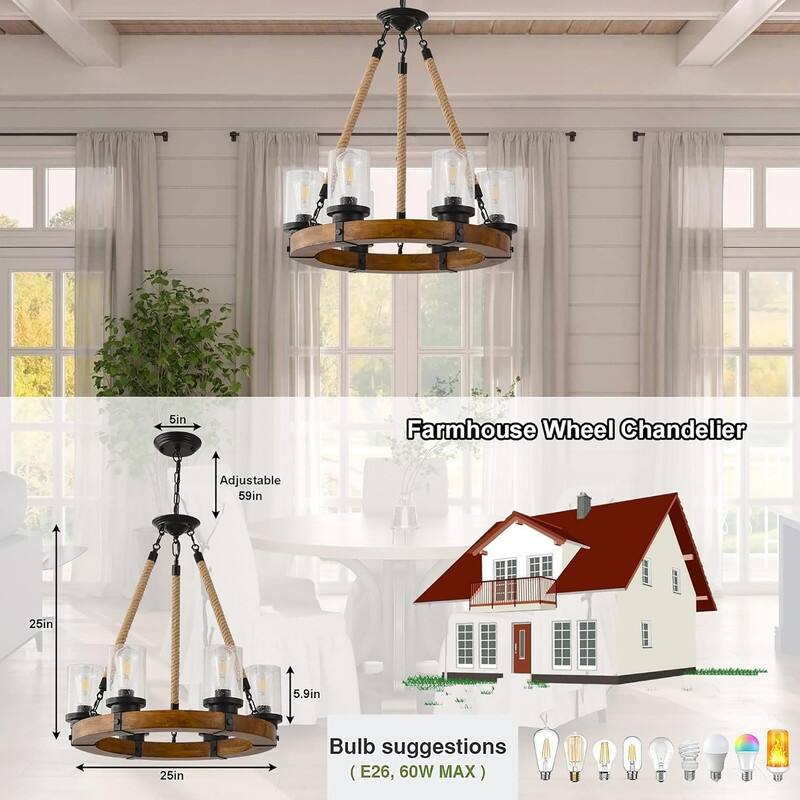 6 Lights Wagon Wheel Chandelier Rustic Wood Farmhouse Chandelier - 25