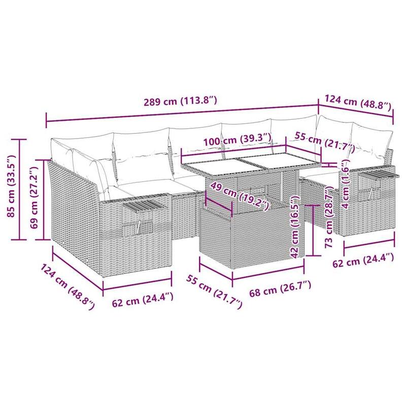 vidaXL Patio Sofa Set with Cushions Table and Couches 8 Piece Poly Rattan - 24.4 x 24.4 x 27.2