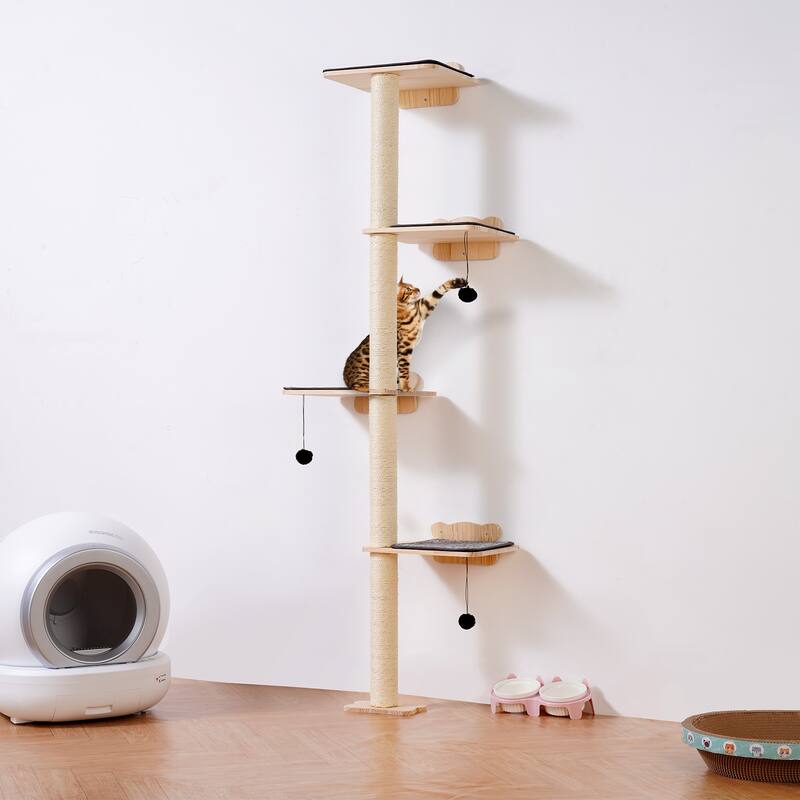 4 Tiers Tall Cat Tree Wood Cat Perch for Sleeping Playing and Climbing - 6.7*6.7*73inch